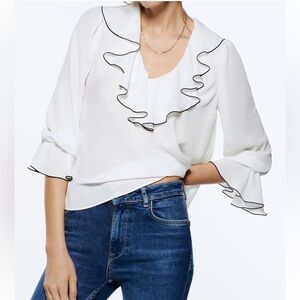 Zara Blouse Ruffle Trim V-Neck Off-White Color Lightweight Semi-Sheer Top Size M